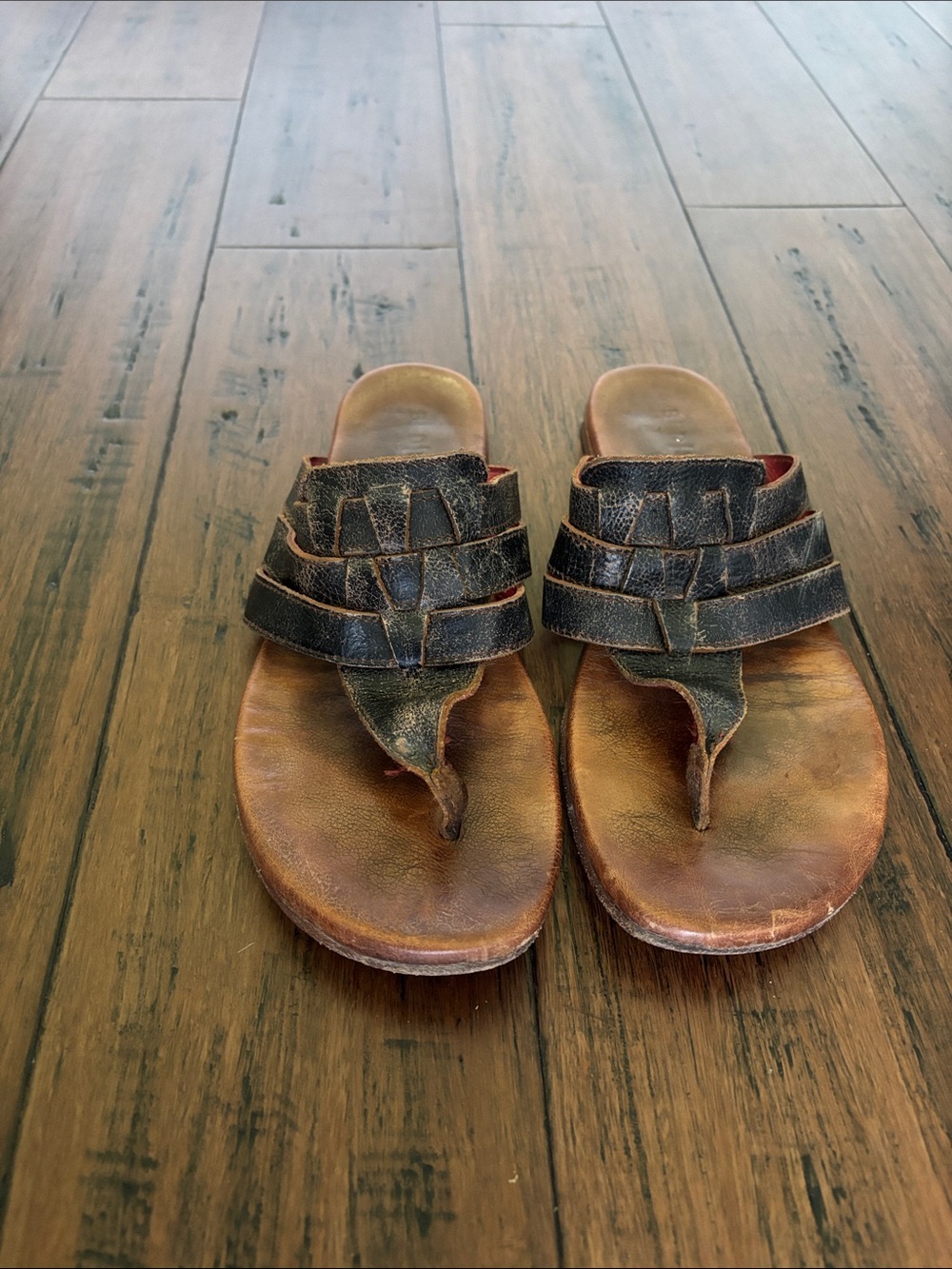 Bed Stu Brown and Black Woven Leather Thong Sandals